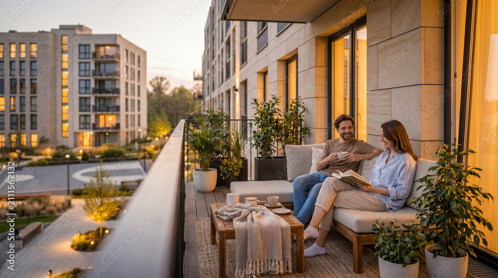 Fototapeta premium Couple relaxing on modern apartment balcony at sunset