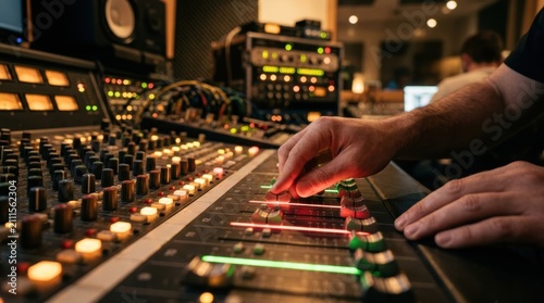 A dedicated professional sound engineer carefully adjusts the glowing faders on a large mixing console to create a perfect audio balance inside a high performance musical recording facility