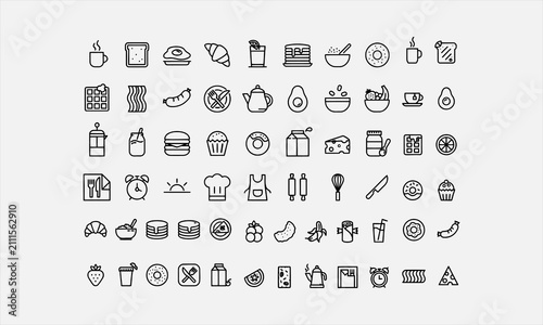 Breakfast icons set representing morning meal, coffee, tea, bread, eggs, cereal, fruits vector illustration