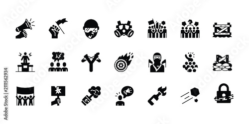 Fotografía Set of black protest and riot icons featuring megaphone, gas mask, fire, barrica