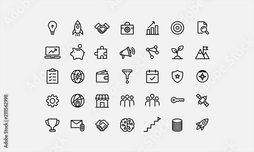 Business startup icon set. Entrepreneurship and new venture related line icons launch, idea, innovation, funding, team, growth, pitch, planning vector illustration