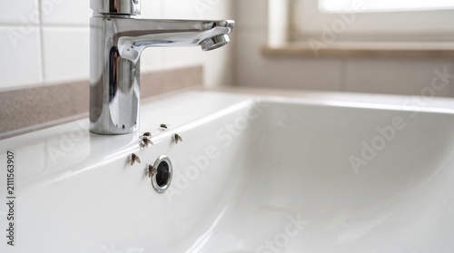 Drain flies on bathroom sink surface showing pest infestation
