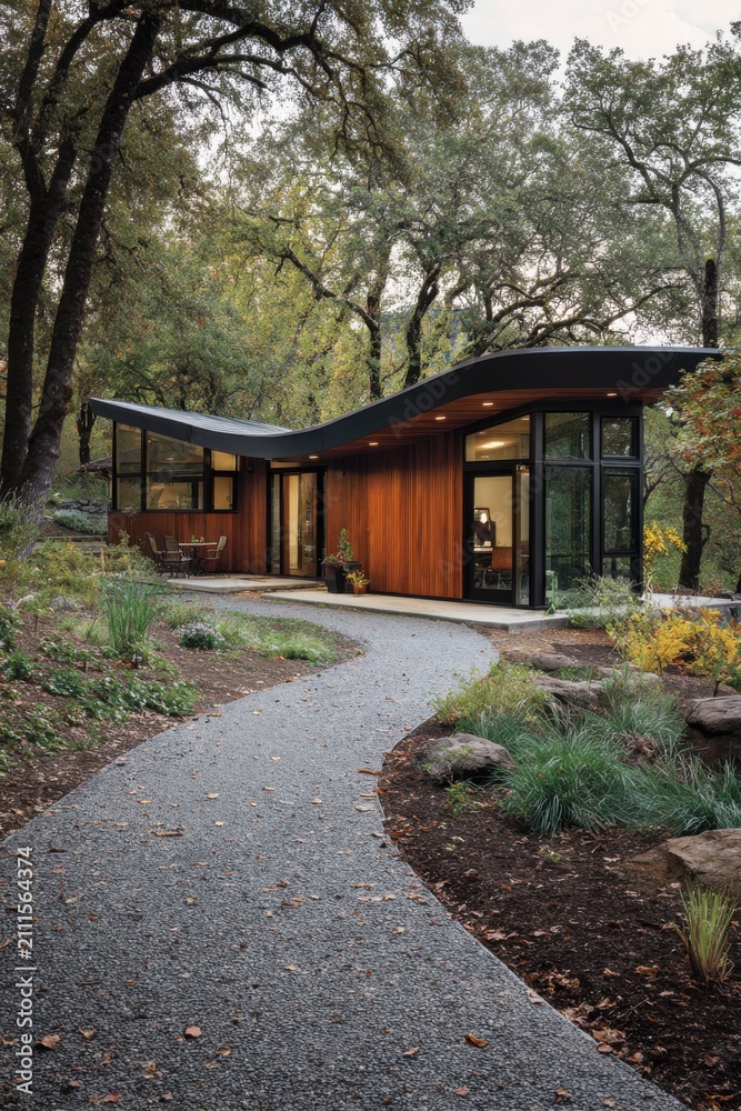 Fototapeta premium A contemporary home nestled within a lush wooded area, encircled by tall trees, features a charming path guiding visitors to its entrance in the warm afternoon light