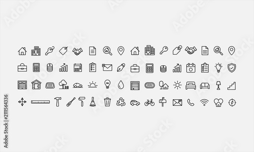 Real estate related line icons set. Pack outline pictograms of dream house, rent, sale, loan, mortgage, renovation, insurance line art icon set vector illustration