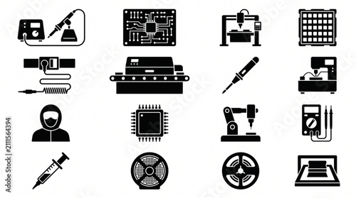 Set of electronic manufacturing and circuit assembly black silhouette icons including soldering iron microchip robot arm conveyor and multimeter