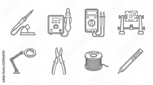 Set of outline icons for soldering equipment and electronic repair tools in black and white line art style