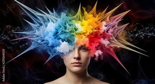 Woman's head exploding with vibrant colors, representing creativity, imagination, and inspiration