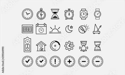 Time and clock related icon collections. Containing watch, timer, alarm, schedule, hourglass, calendar, stopwatch vector illustration