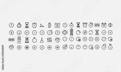 Time and clock related icon collections. Containing watch, timer, alarm, schedule, hourglass, calendar, stopwatch vector illustration