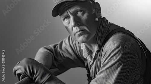 NEOREALIST FINE ART BLACK AND WHITE PORTRAIT OF A WEATHERED ELDERLY MAN WEARING A CAP AND SUSPENDERS WITH A INTENSE GAZE