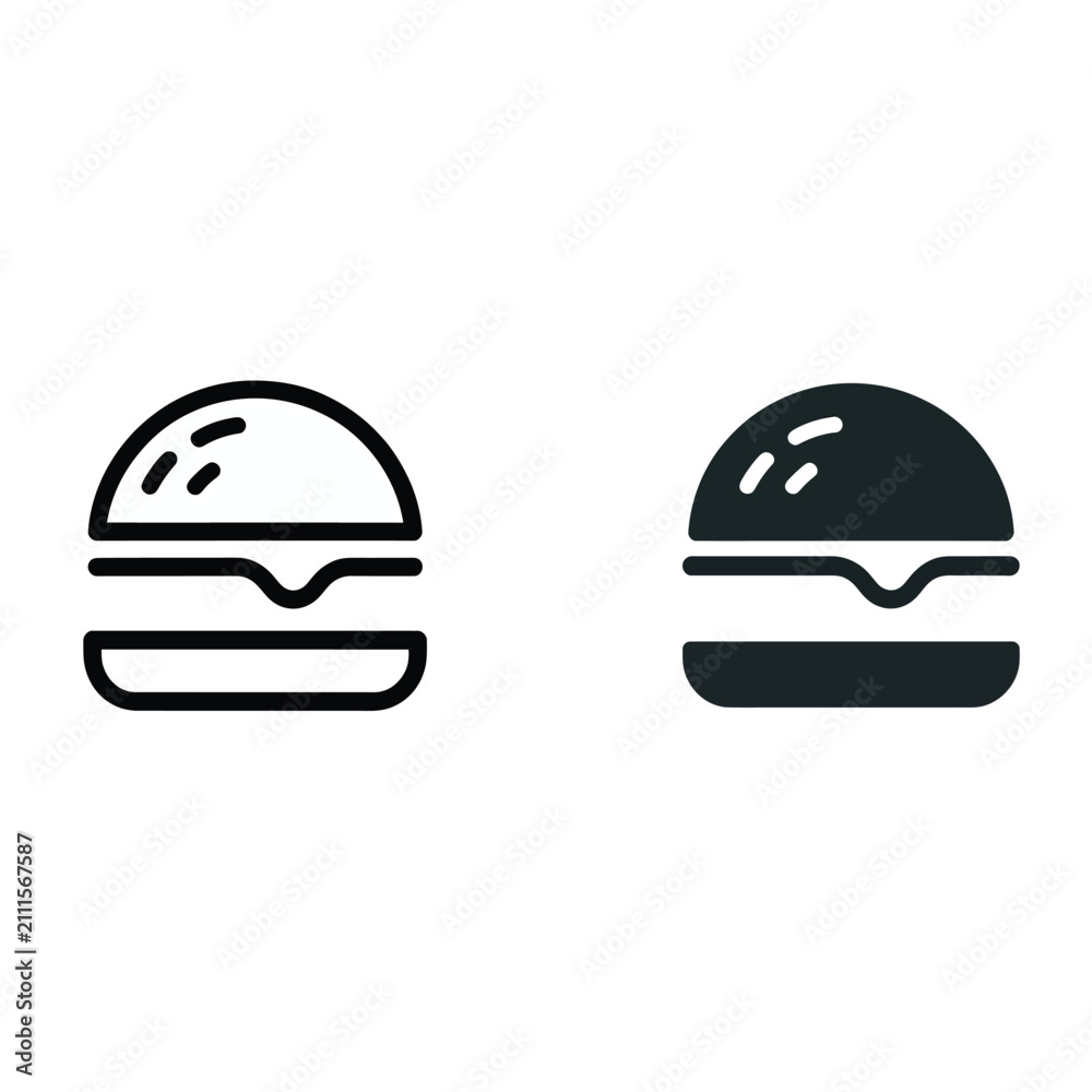 Fototapeta premium Minimalist Hamburger Icon Set: Line & Solid Designs with Bun, Patty & Sesame Seeds
