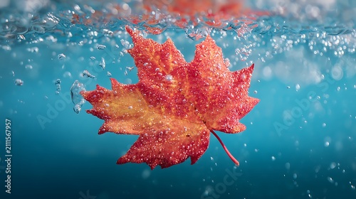 Red autumn maple leaf floating in clear blue water with bubbles