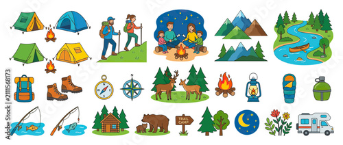 Outdoor Adventure Camping and Hiking Elements Collection