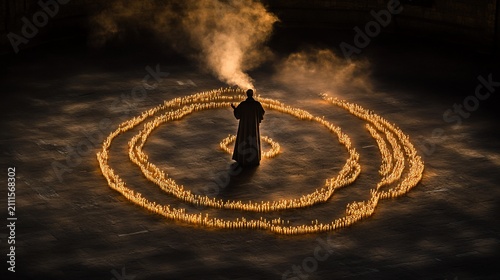 A figure, in robes, stands within concentric candle circles, smoke rising