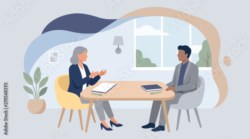 Professional job interview with HR manager and candidate, business meeting between colleagues in office, flat vector illustration of recruitment process