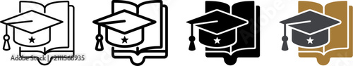 Academic graduation cap and open book icons, set of 4 education symbols in flat and line styles, university degree and learning vector graphics Ediable path.
