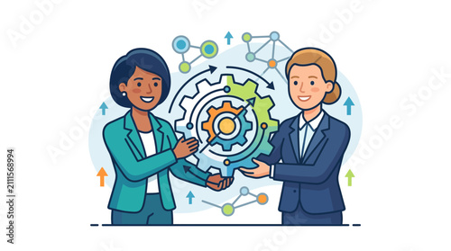 Clean Professional Duo Collaborating with Interlocking Gear Symbolizing Teamwork and Growth in Business