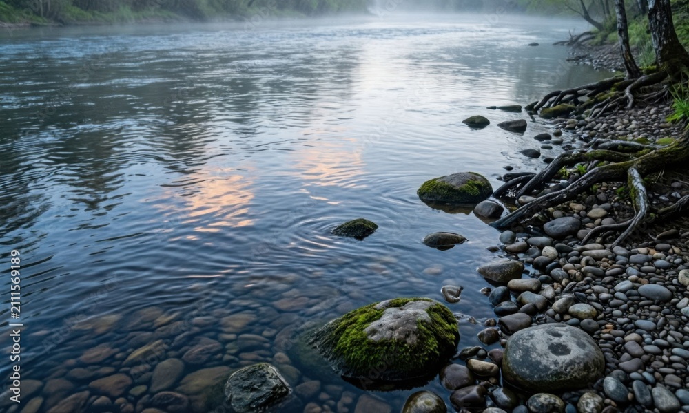 Obraz premium Tranquil riverbank with moss-covered rocks at sunrise. Peaceful natural water scene with soft morning light and serene reflections.