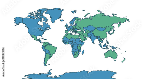 Clean World Map Divided by Two Color Regions Blue and Green Contrasting Continental Segments with high quality professional line art symbols for modern creative design and digital branding projects