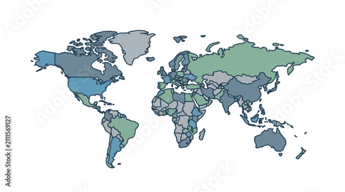 Clean World Map with Color Coded Regions for Geographic or Data Visualization Analysis with high quality professional line art symbols for modern creative design and digital branding projects