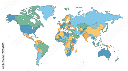 Clean World Map with Color Coded Regions for Geographical Data Visualization and Analysis with high quality professional line art symbols for modern creative design and digital branding projects