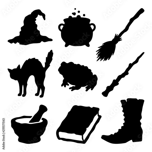 Canvastavla Witch and wizardry equipment silhouettes including cauldron broomstick and spellbook for magical project