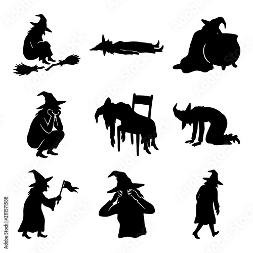 Canvastavla Set of sad and bored witch silhouettes isolated on white background