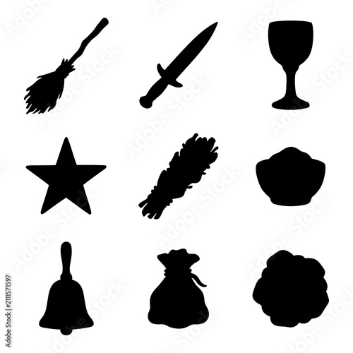 Photography Black silhouette collection of esoteric tools and magical items.