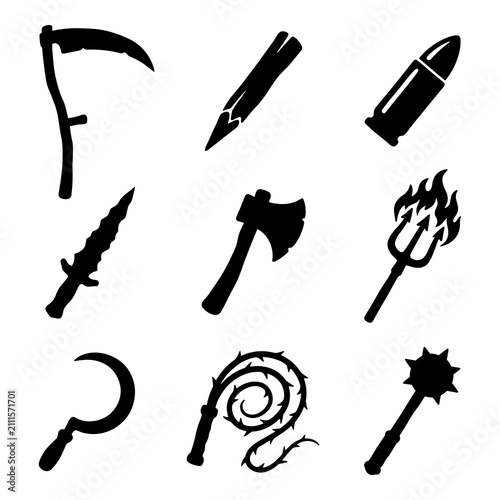 Obraz na płótnie Set of black silhouette weapon icons for halloween and fantasy role playing games