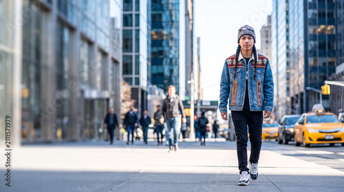Indigenous youth walking in city. Native American man wearing trendy streetwear in urban area.