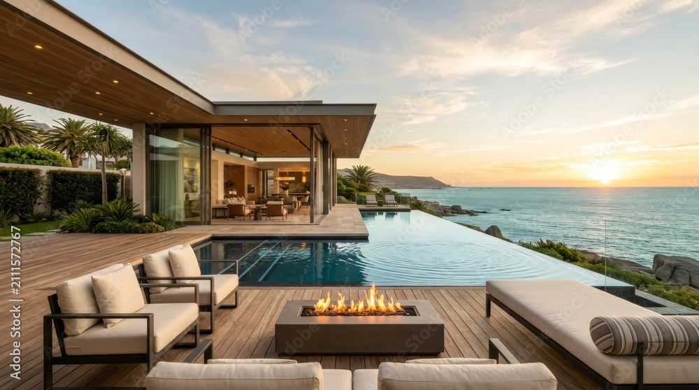 Fototapeta premium Modern luxury oceanfront villa with infinity pool and fire pit at sunset for vacation rental