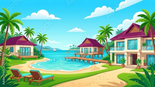 Luxury oceanfront house with private beach and wooden pier in tropical paradise resort