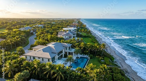 Luxury Oceanfront Mansion with Pool on Tropical Coastline at Golden Hour Sunset