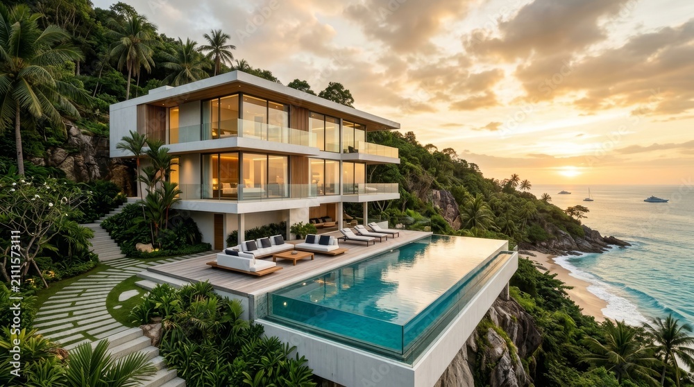 Fototapeta premium Modern Luxury Oceanfront Villa with Infinity Pool at Sunset Overlooking Tropical Beach