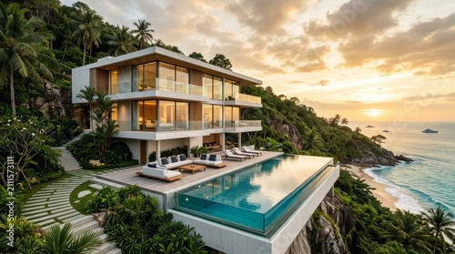 Modern Luxury Oceanfront Villa with Infinity Pool at Sunset Overlooking Tropical Beach