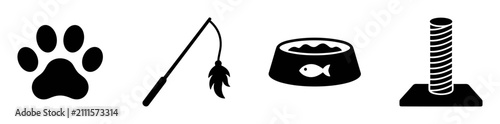 Foto Set of pet care icons including paw print, fishing toy, fish food bowl, and scra