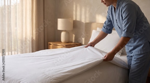 Housekeeper makes bed with restored premium hotel linens