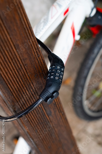 Quadro su tela A vertical close-up shot shows a black numeric combination cable lock secured around a bicycle