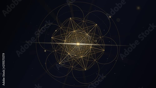 Glowing golden sacred geometry symbol forming in dark cosmic space with particles