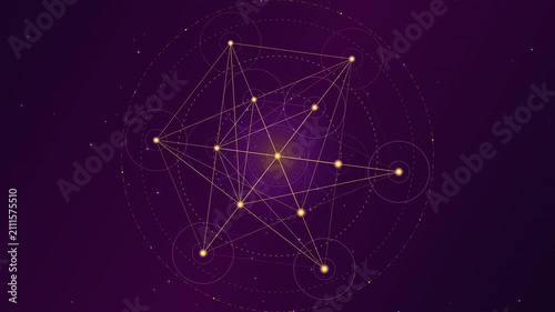 Golden glowing nodes connect with geometric lines forming sacred geometry patterns on dark purple background