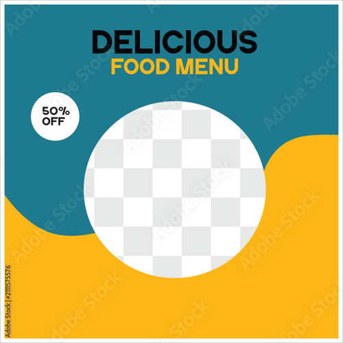 modern delicious food menu social media post template with blue and yellow abstract background