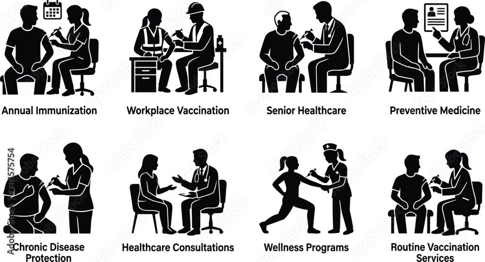Fototapeta premium Vaccination and Preventive Healthcare Icons Set Featuring Immunization Medical Consultation and Wellness Programs