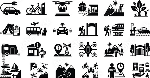Bild auf Leinwand Travel and Outdoor Recreation Silhouette Vector Icons Collection for Tourism Tra