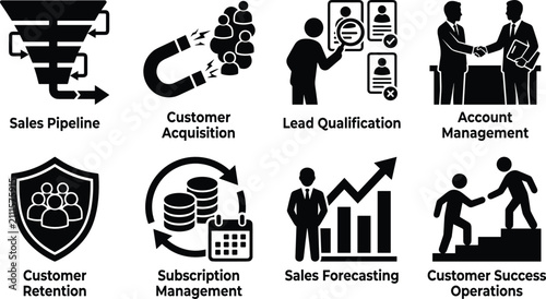 Fotografía Sales Pipeline and Customer Relationship Management Silhouette Icons Set with Le