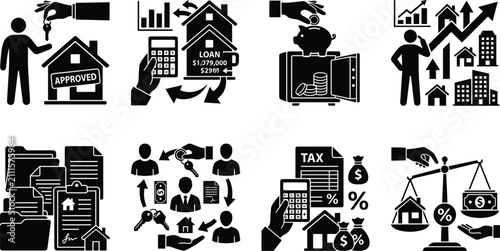 Tableau sur toile Real Estate Finance and Mortgage Black Silhouette Icon Bundle for Property Inves
