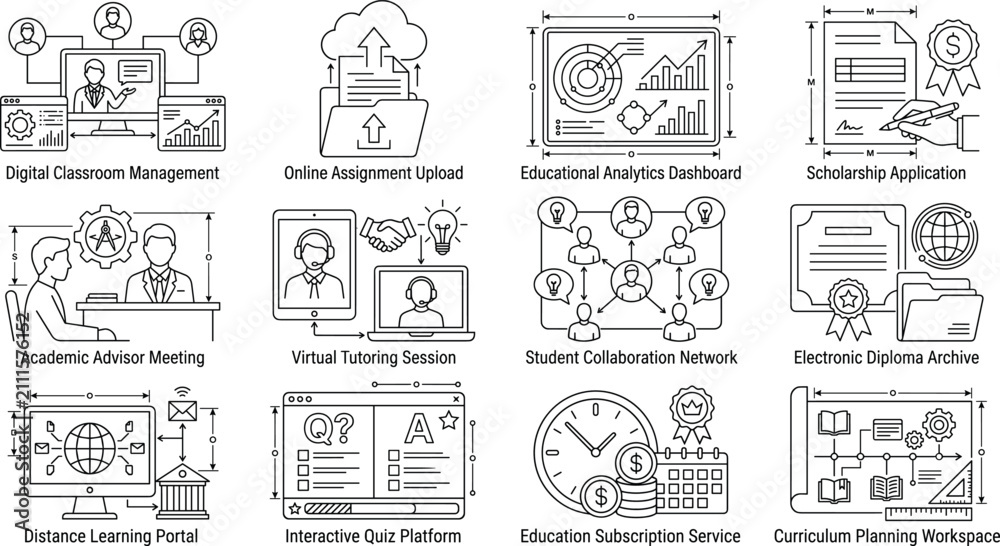 Obraz premium Online Education and E Learning Outline Icon Set for Digital Learning Management Systems