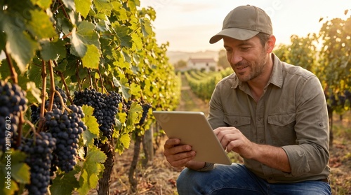 Vineyard worker using tablet among grapevines