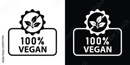 Foto Scalloped badge label with 100% vegan text and leaf symbol, presented in black and white modern minimal sticker formats for organic product design