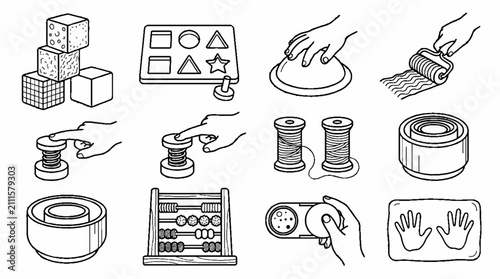 A collection of hand drawn illustrations depicting various educational toys and sensory activities for children.
