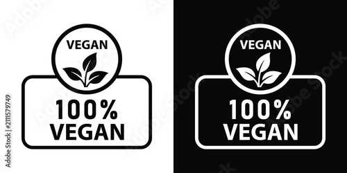 Bild auf Leinwand Scalloped badge label with 100% vegan text and leaf symbol, presented in black and white modern minimal sticker formats for organic product design